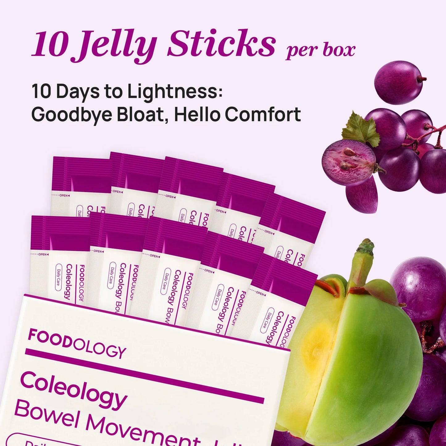 FOODOLOGY Coleology Bowel Movement Jelly, Grape & Prune, 10 Sticks | Prebiotic Fiber Supplement for Gut Health & Immune Support, Constipation & Bloating Relief, Korean Wellness